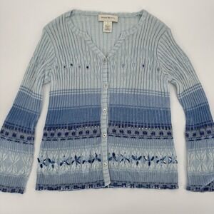 Susan Bristol Blue Gradient Knit Cardigan Floral Embroidery Cottagecore Small